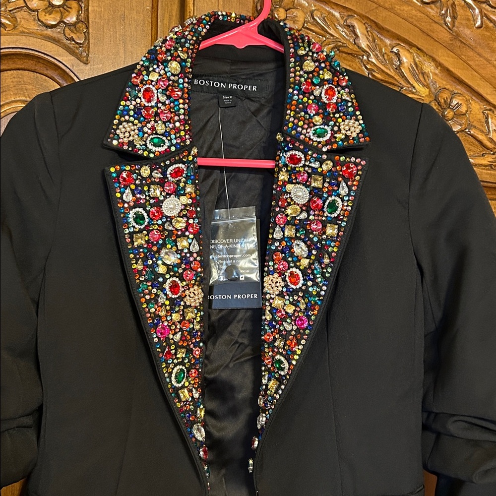 NWT BOSTON  PROPER  Black Jacket with Multicolor Beaded Collar SIZE 2   GORGEOUS - Picture 2 of 9